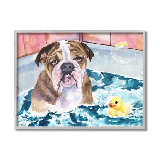 Stupell Industries English Bulldog In Bathtub Rubber Duck Bubbles Framed Wall Art